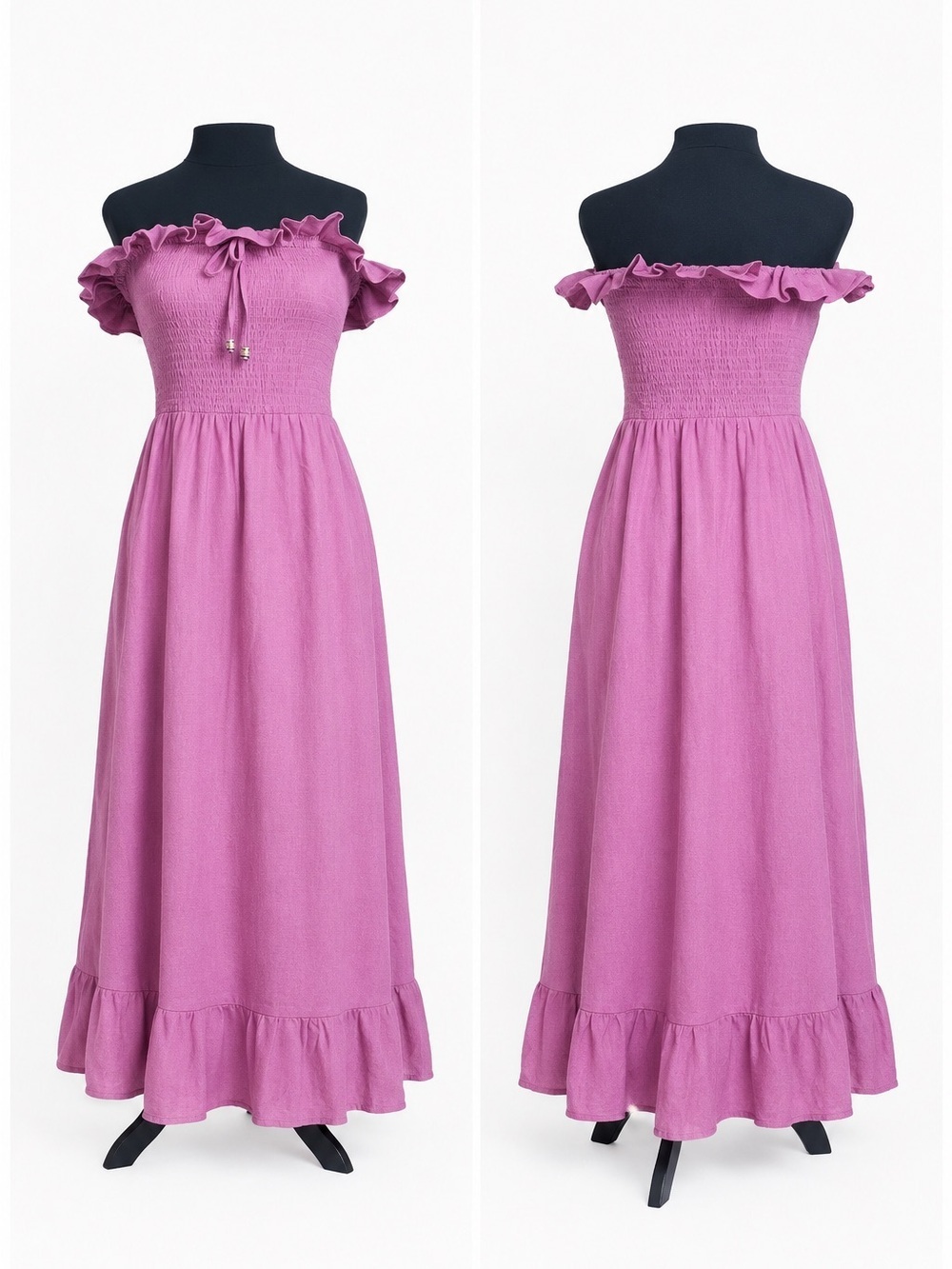 Free People  Linen Blend Smocked Off Shoulder Midi Dress Mauve Pink S NWOT
